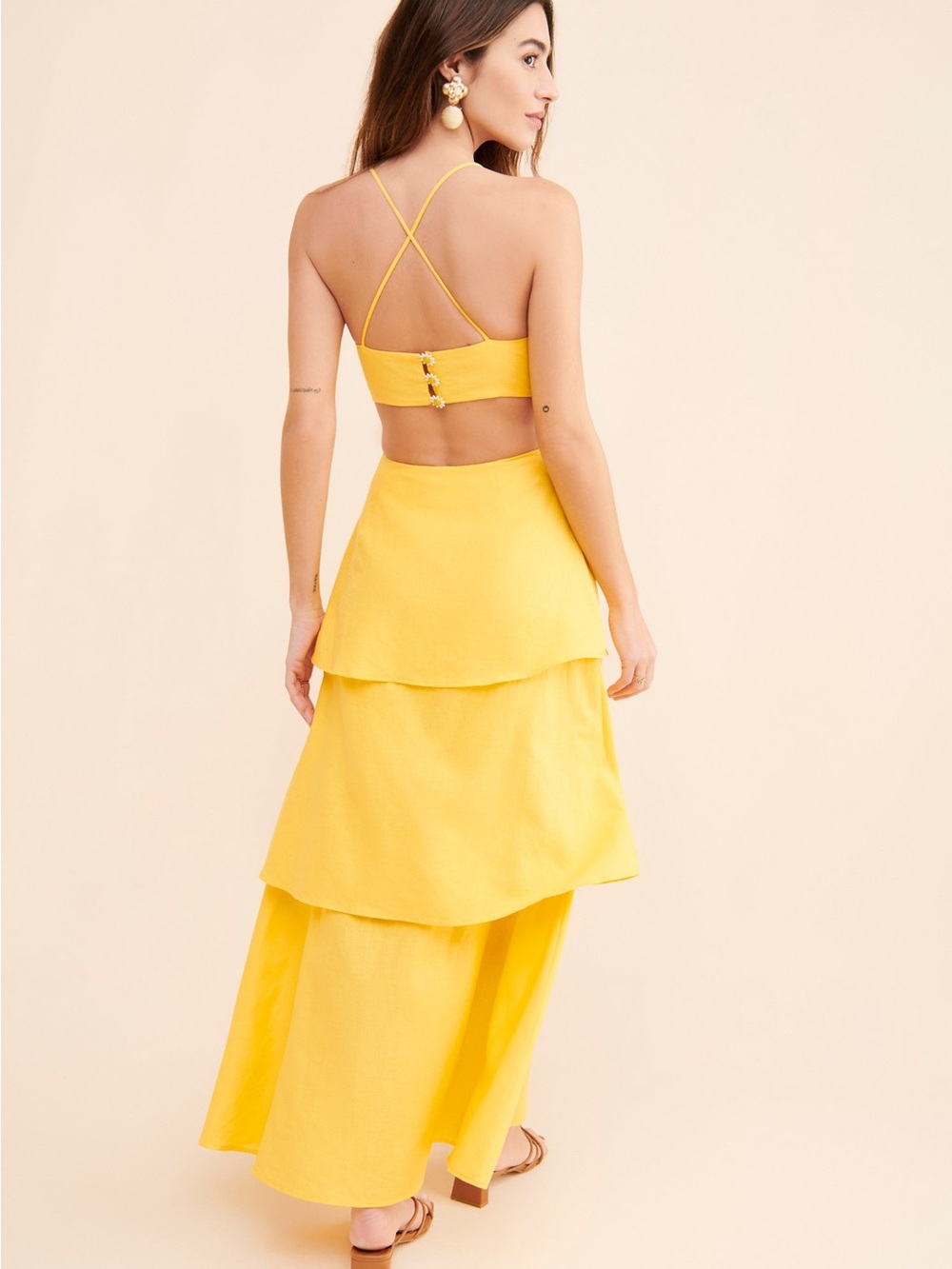 Farm Rio Linen 3D Yellow Tiered Maxi Dress with Floral Bodice - Small - Picture 2 of 8